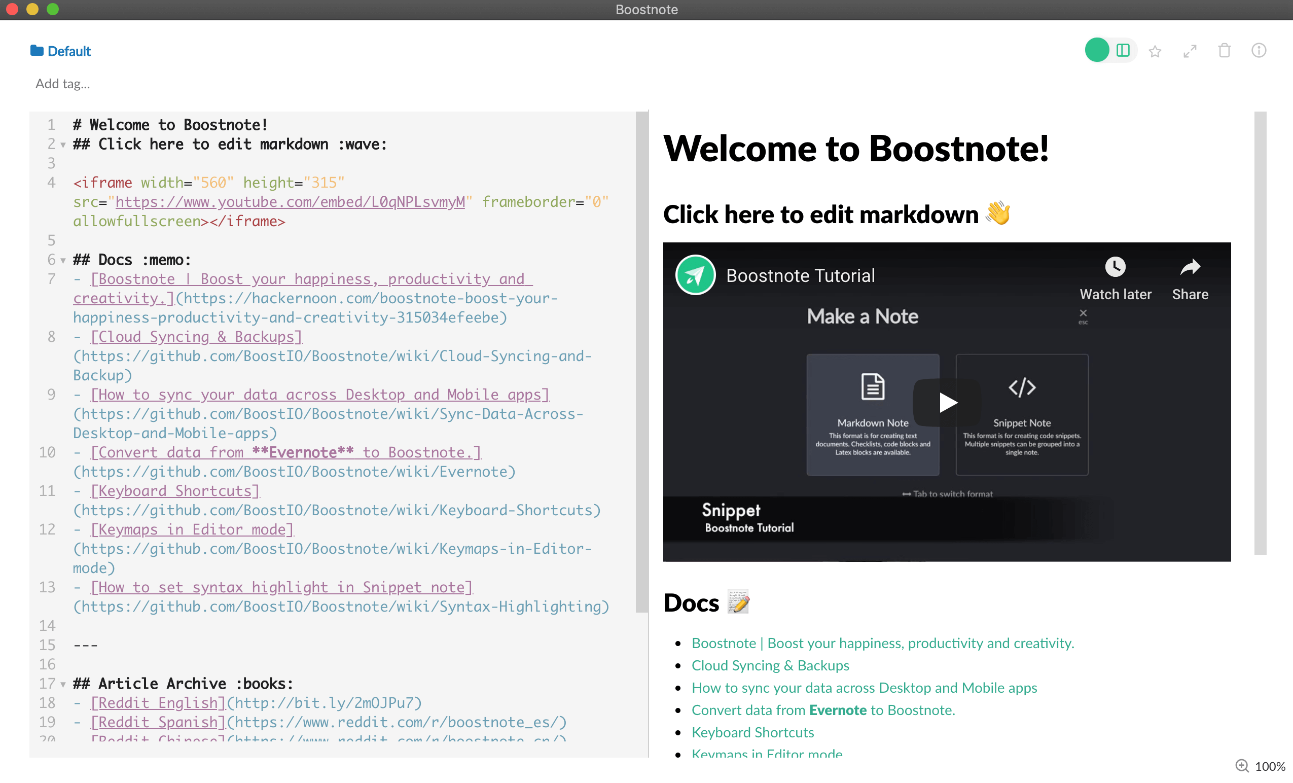Fenêtre de l'application Boostnote avec quelques commandes de Markdown!